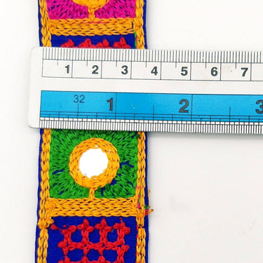 Indian Royal Blue Cotton Fabric Mirror Trim Embroidered in Red, Yellow, Green and Pink